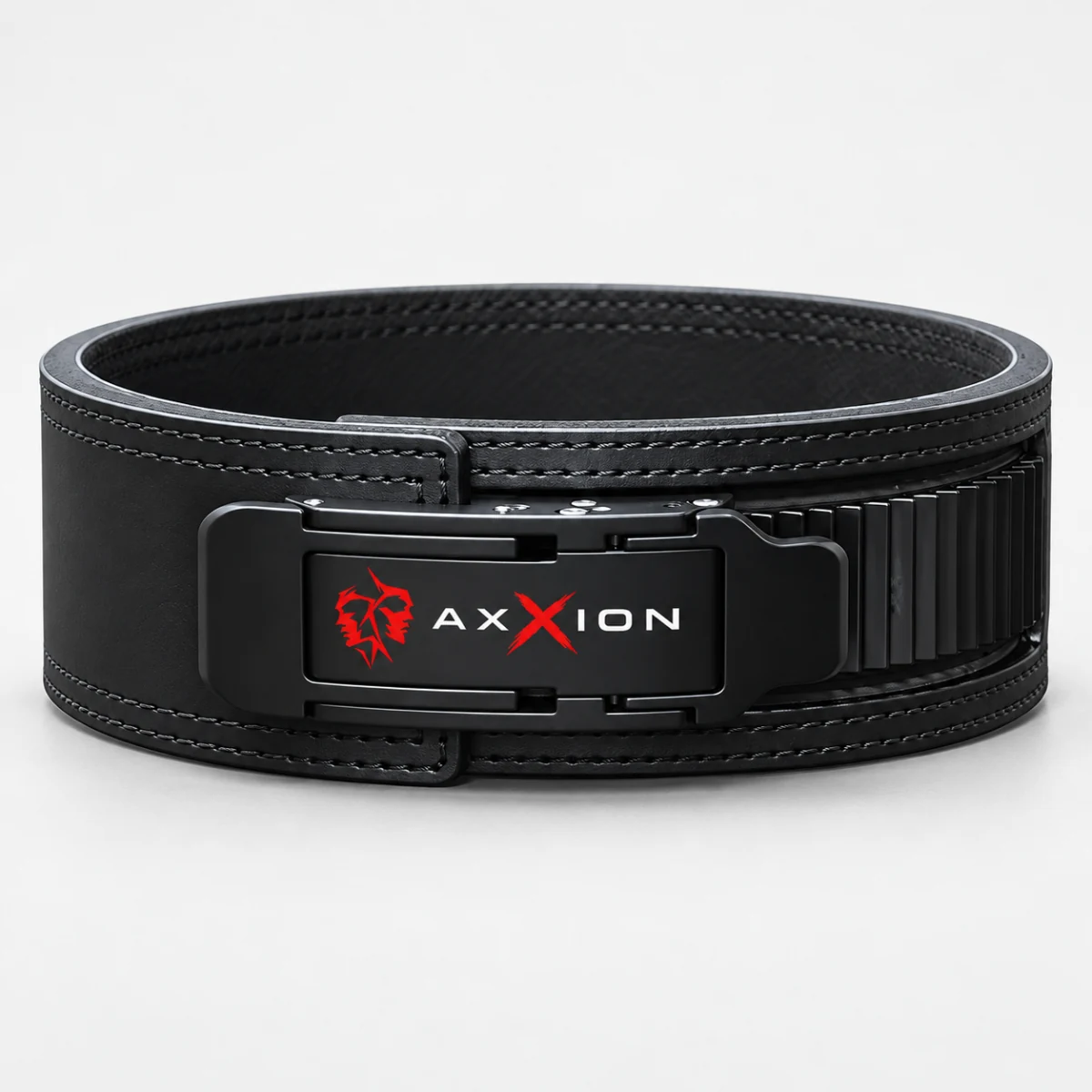 Black AXXION belt visualisation with a matte-black adjustable lever buckle and red-and-white face and wordmark branding on a pale studio background.