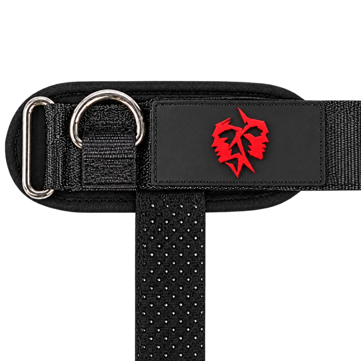 Enhanced close-up of the wider AXXION cuff patch, raised red rubber-style face emblem and silver ring hardware.