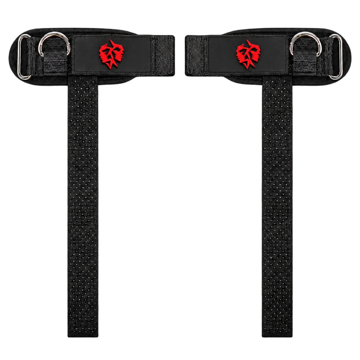 Two black AXXION lifting straps with silver cuff hardware, wider patches bearing raised red face emblems and long straight textured tails.