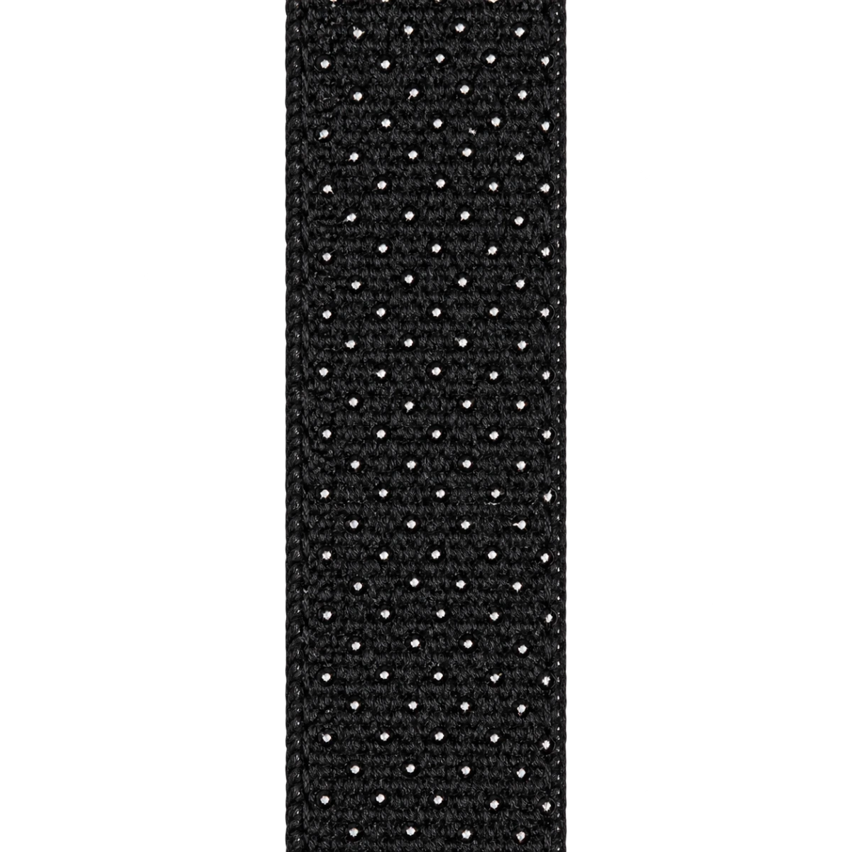 Enhanced close-up showing the dark woven fibres and light-catching flecks of the strap tail.