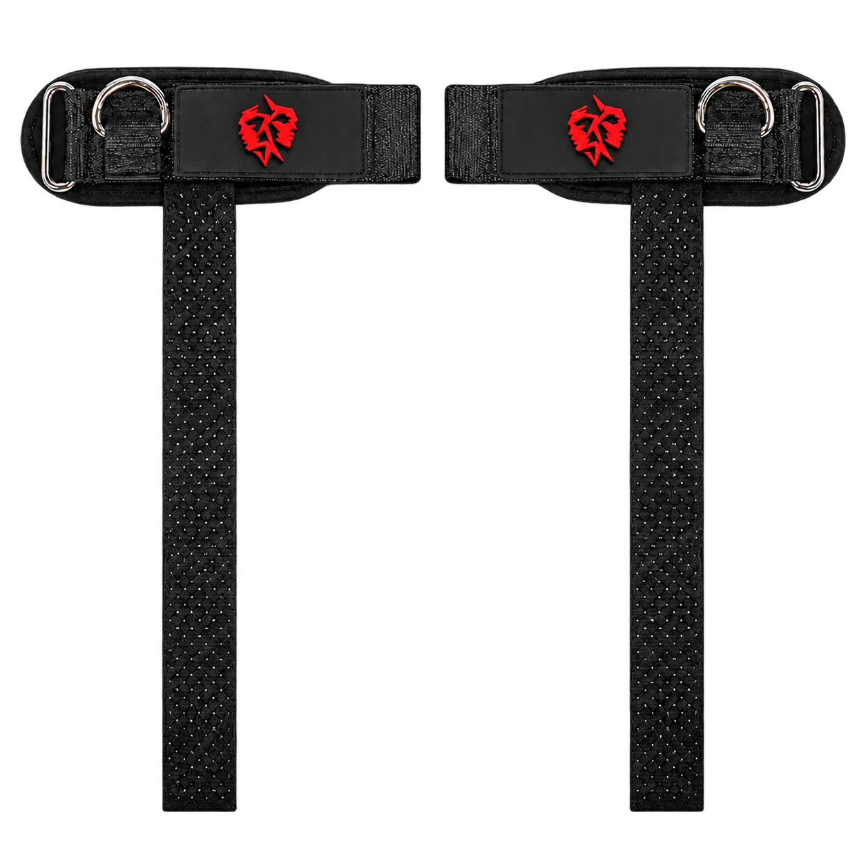 Two black AXXION lifting straps with silver hardware, wider patches and raised red face emblems.